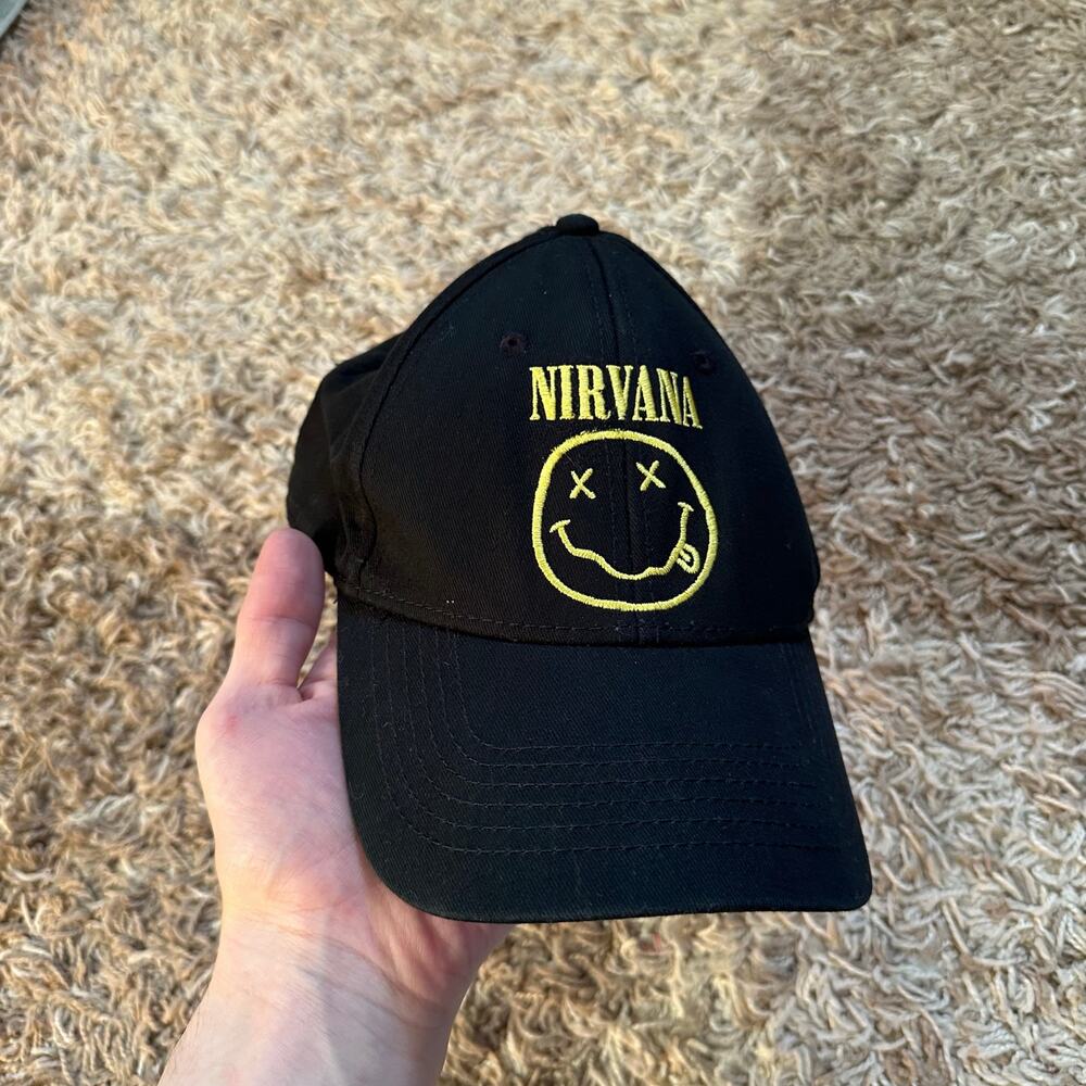 Nirvana Baseball Cap Black Smiley Face Logo Licensed Rock Brand Merch Men’s OS